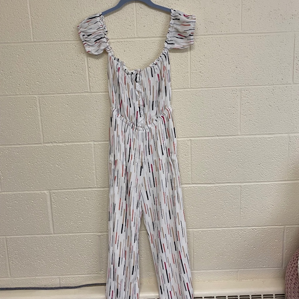Lulu's True Radiance White Multi Print Off-the-Shoulder Jumpsuit